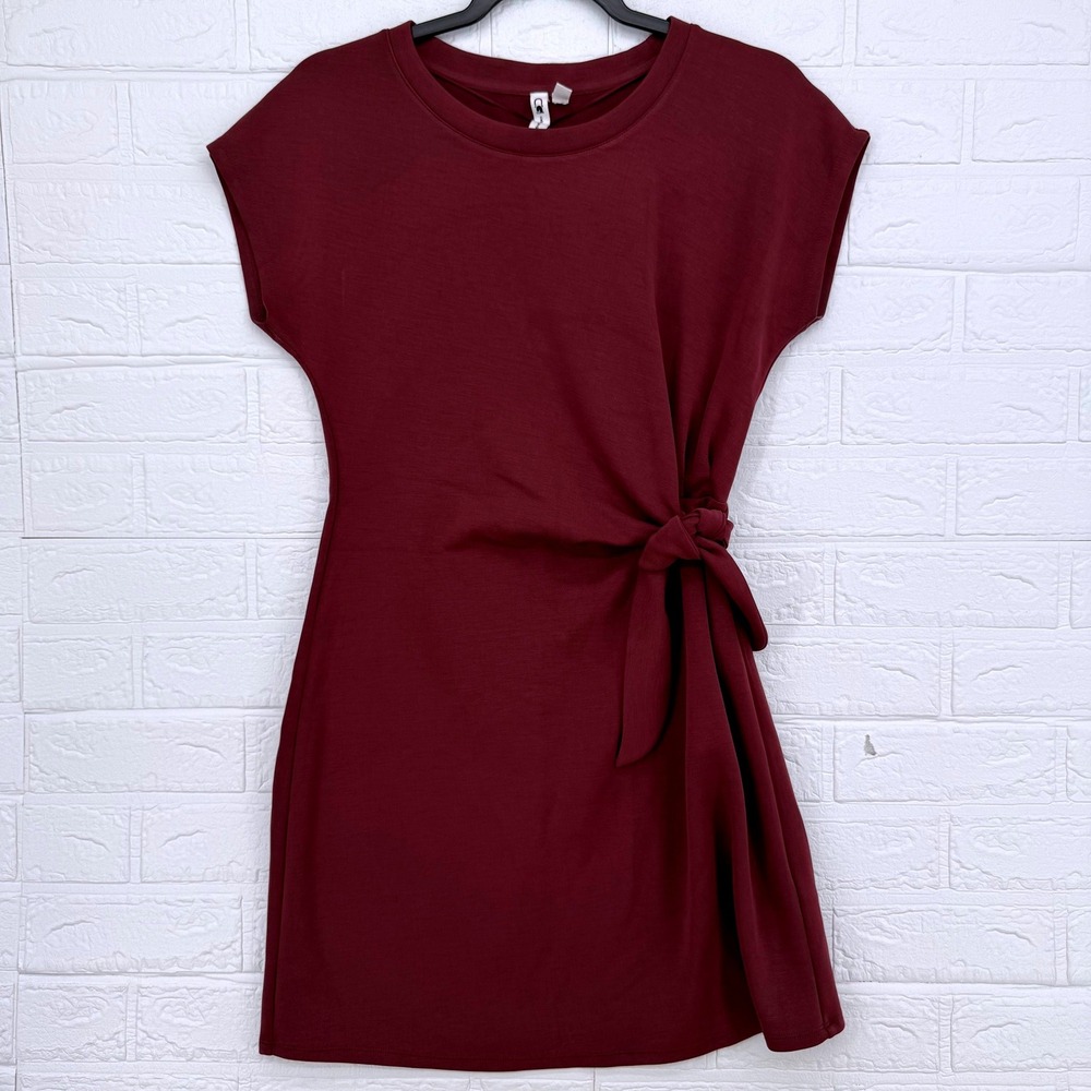 C&E T-Shirt Dress Womens S Burgundy Side Tie Knit Casual Mini Short Sleeve